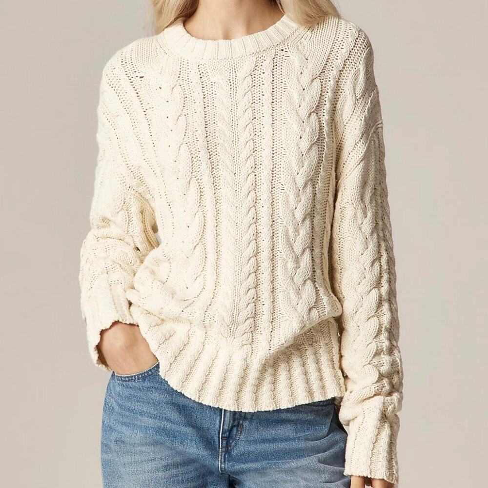 J Crew Fisherman Cable Knit Crewneck Sweater Women's Medium Ivory Preppy